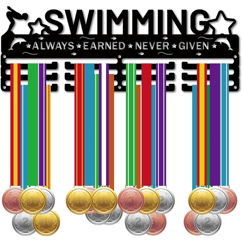 Metal Medal Display Rack Wall Mounted Holder Heavy Duty 20 Hooks for Sports Marathon Race Swimming Award Organizer Black 40x11cm