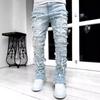 Spring and Autumn Individual Patched Black Pants Elastic Tassel Patch Denim Straight Pants Long Tight Fit Stacked Jeans for Men