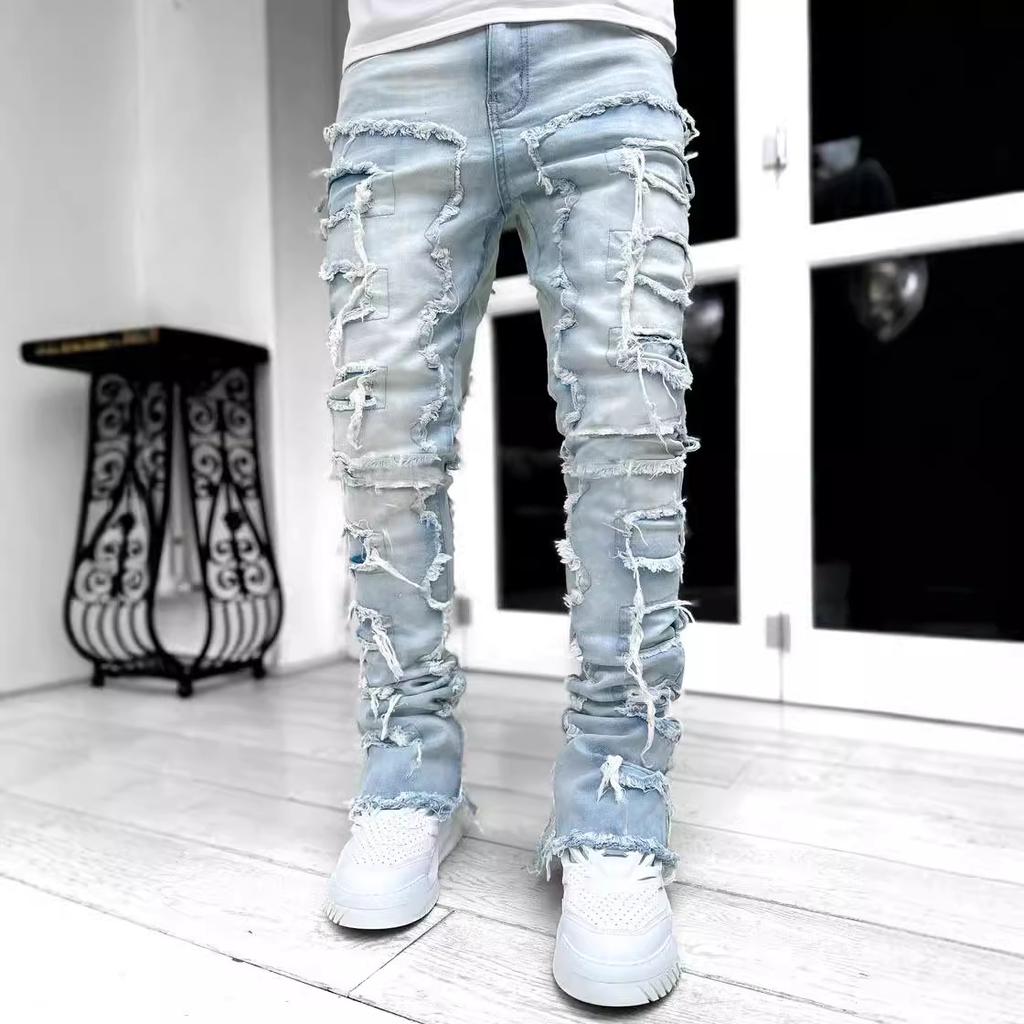 Spring and Autumn Individual Patched Black Pants Elastic Tassel Patch Denim Straight Pants Long Tight Fit Stacked Jeans for Men