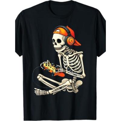 Men's Halloween Skeleton Gamer T-Shirt, Gaming Graphic Tee with Headphones & Controllers, Black & Orange Design, Comfortable Regular Fit, Slight