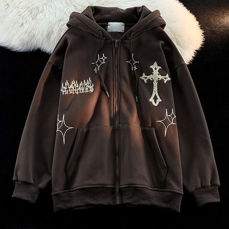 Vintage Zip Up Letter Print Hoodies