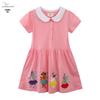 Classic Lotus Leaf Collar Girls' Spring/Summer Dress: Short Sleeve Jumpsuit with Stylish Animal Embroidery.