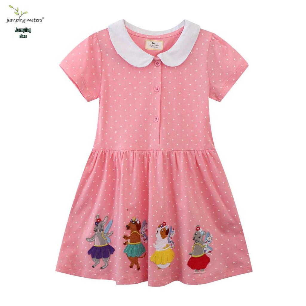 Classic Lotus Leaf Collar Girls' Spring/Summer Dress: Short Sleeve Jumpsuit with Stylish Animal Embroidery.