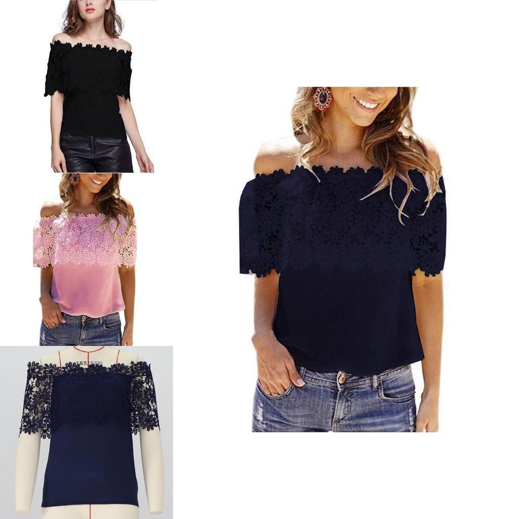 Elegant Women's Off-shoulder Short Sleeve Lace Hollow Casual T-shirt Blouse For Summer Outings