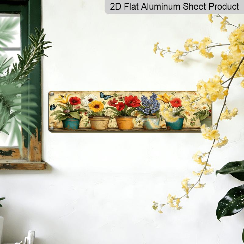 2D Flat, 1pc Vintage Botanical Aluminium Decorative Sign - Blooming Flowers & Butterflies Painting, Wooden Grain Aluminium Panel, 5x16 Inch Flat
