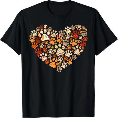 Cute Dog Cat Paw Print Pumpkin Autumn Leaf Fall Thanksgiving T-Shirt