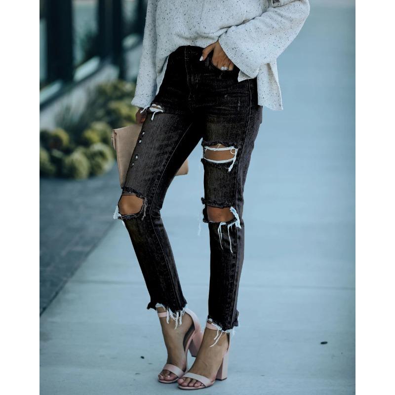 

Женские джинсы прямые брюки выбеленные рваные необработанный край повседневные брюки джинсы женские XXL чёрный
