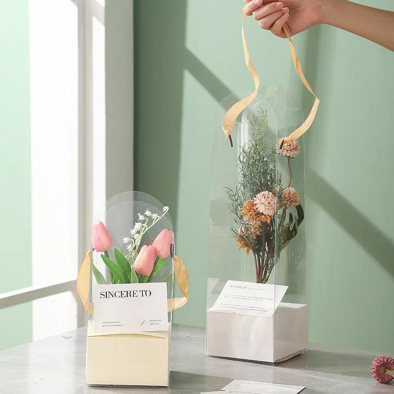 2026 Portable Flower Box Transparent Plastic Flower Arrangement Empty Container Rose Gift Box for Home Garden