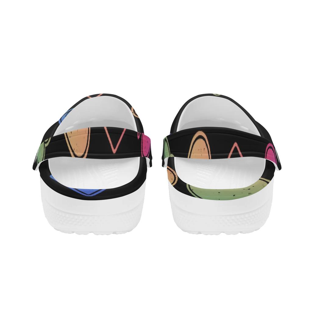 White EVA Clogs with Neon Heart Print, Lightweight Slip On Garden Shoes, Breathable Beach Sandals, Indoor Outdoor Slippers for Men Women