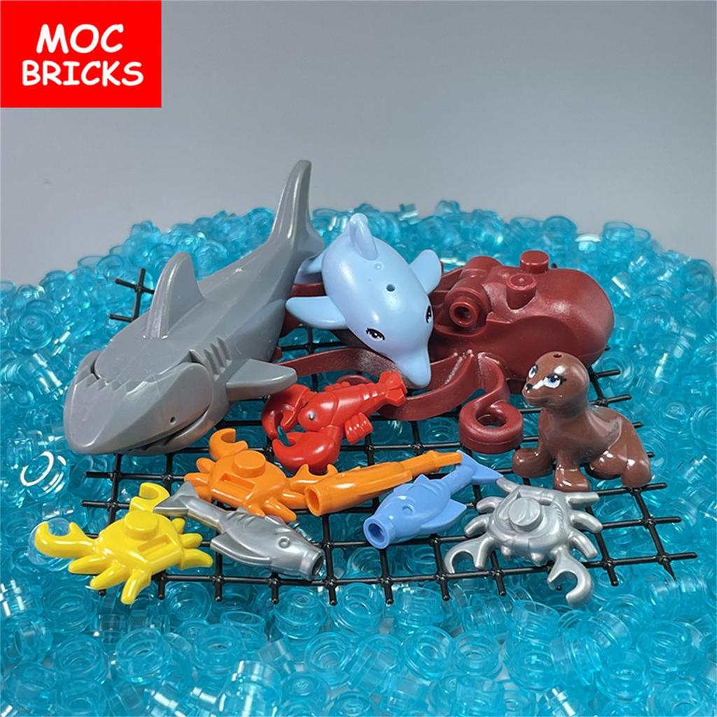 Set  MOC Bricks Fishing Net Ocean Animals Dolphin Little Shark Seal Whale Educational Building Blocks Toys Kids Gifts
