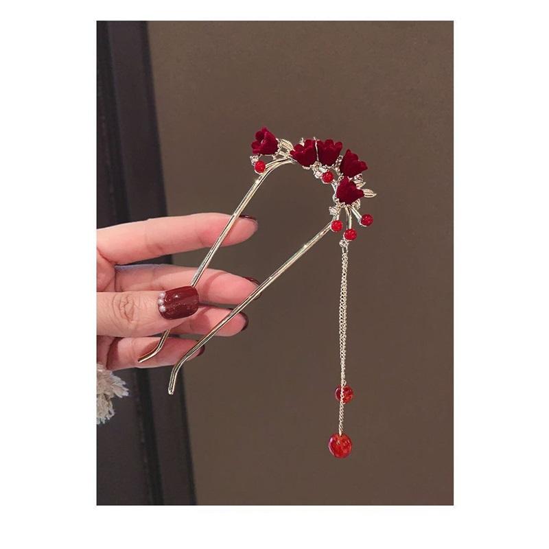 New Chinese Style Rose U Shape Hairpin Women Hanfu Cheongsam Tassel Ancient Style Hair Accessories