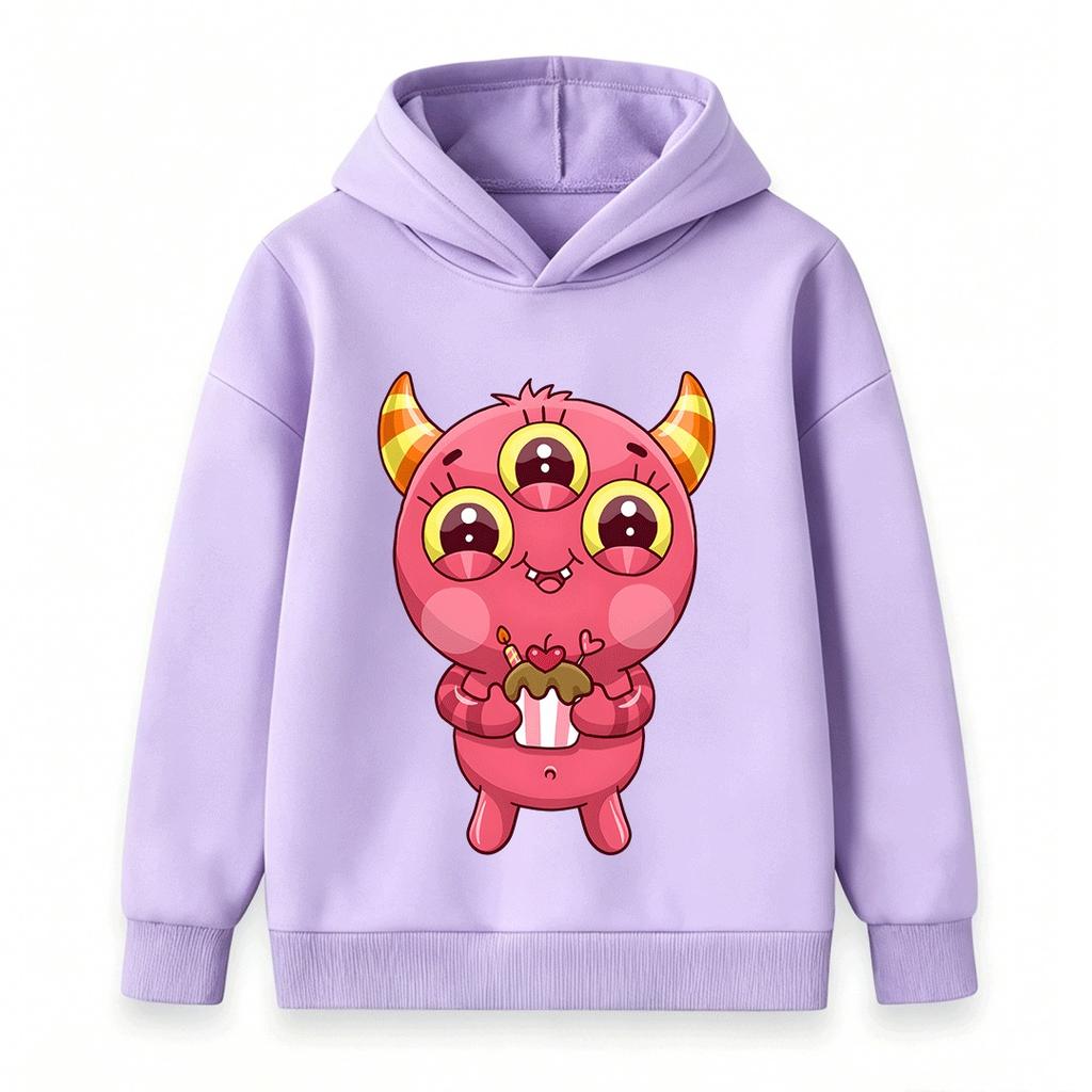 Kids Boys Girls Pullover Hoodie Cute Three-Eyed Pink Monster Print Casual Soft Hooded Sweatshirt For Boys Girls Daily Party Holiday Warm Comfortable