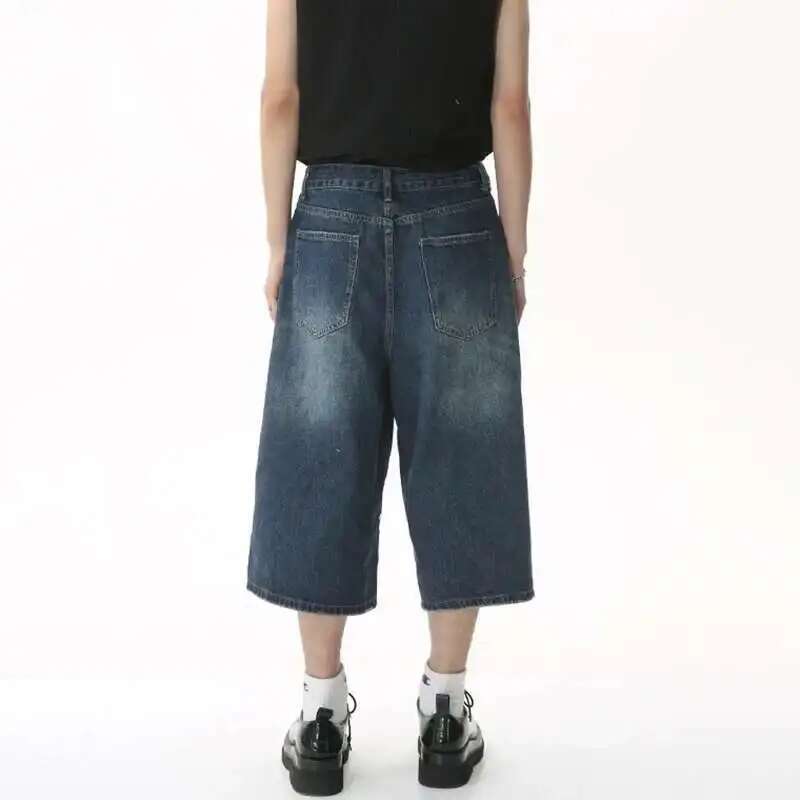BeatStreet Styl Koreański Vintage Męskie Jeansowe Szorty Letnie Luźne Męskie Szerokie Nogawki Długość do Kolan Nowe Wypłukane Modne Krótkie Spodnie Jeansowe