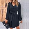 Chic Women Dresses Long Sleeve Lace Up V Neck Solid Color Spring All Match