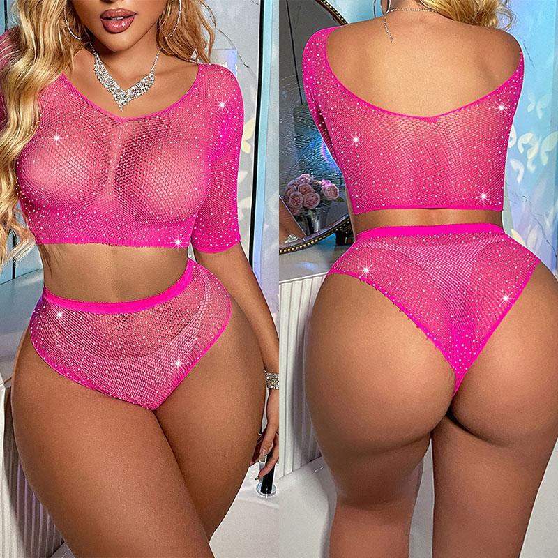 Hot Sexy Shiny Rhinestones Bodysuit Women Sexy Lingerie Fashion Fishnet Tops Porn Bodycon Underwear Erotic Outfits Sexy Set
