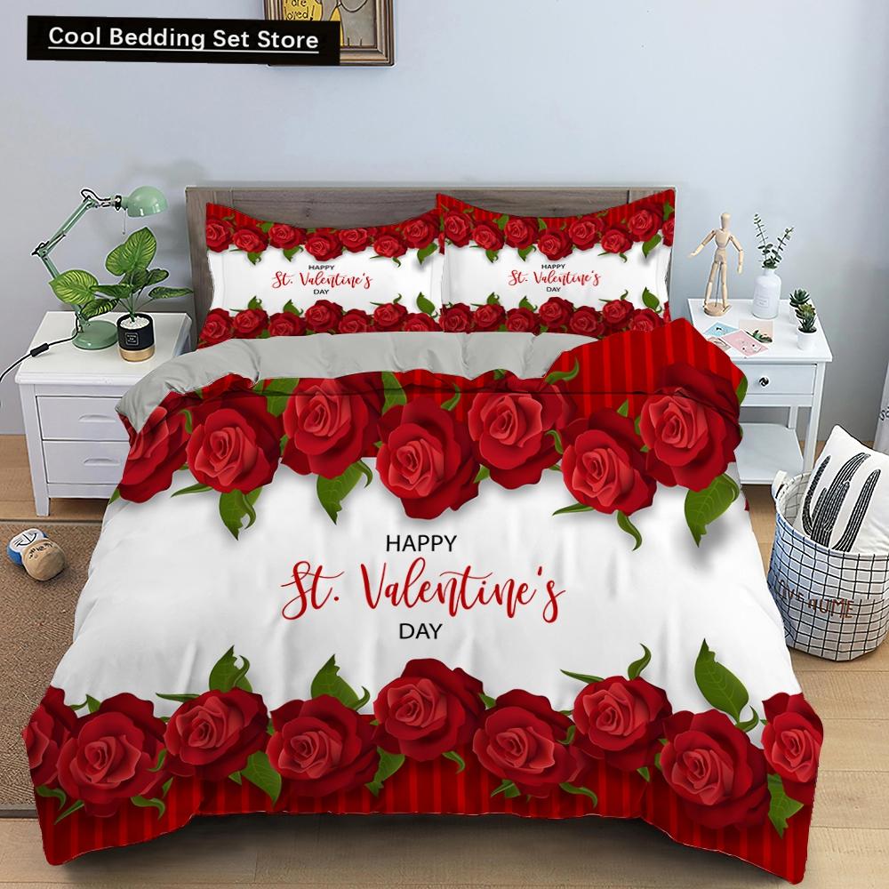 Red Rose King Queen Duvet Cover Romantic Flower Bedding Set Valentine's Day Quilt Cover Couples Floral Polyester Comforter Cover