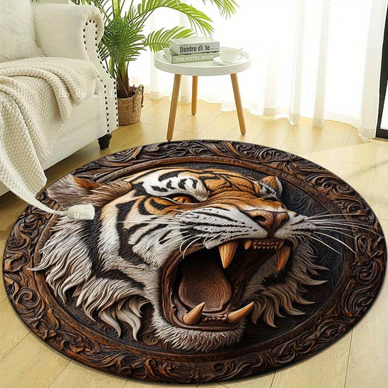 Roaring Tiger Print Round Rug - Soft Polyester Non-Slip Mat with Intricate Tiger Design for Bedroom, Living Room, or Home Office Decor