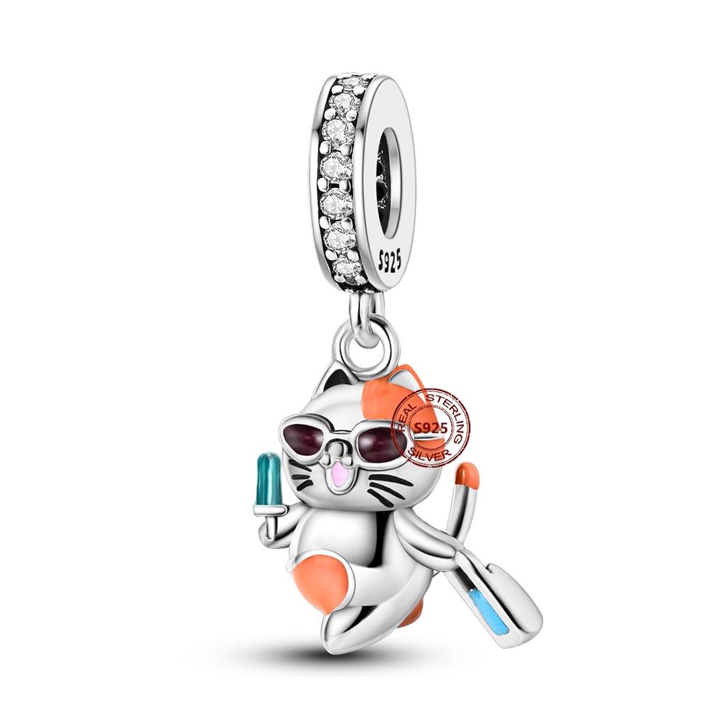 Copper Original Dog Cat Safety Chain Lazy Cat Pink Zircon Pet Paw Print Footprint Charms Fit Bracelet For Women Diy Jewelry