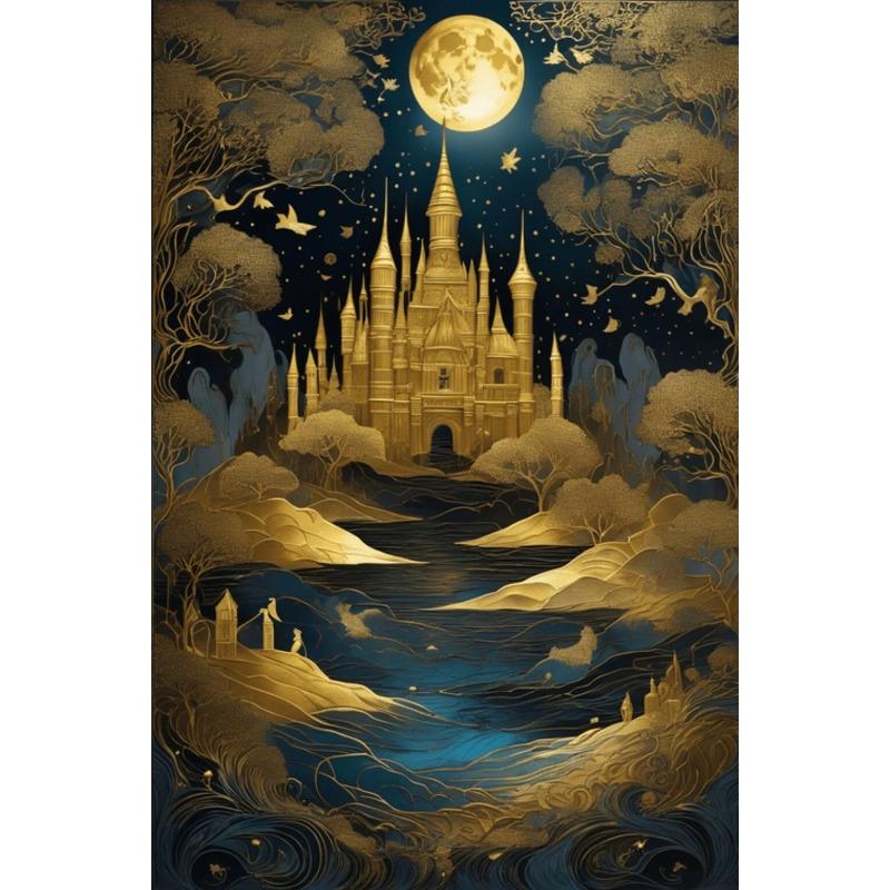 

Gothic Golden Hilltop Castle Under Moon Dream Luxury Canvas Painting Luxury Wall Art Poster Print Living Room Home Decor Picture 30x45CM No Frame