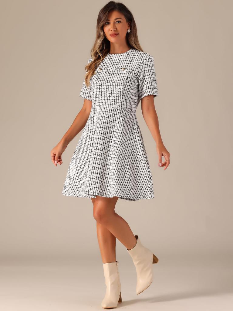 Allegra K Women's Short Sleeve Checked Tweed Dress with Zipper and Buttons, Casual Mini Dress, Apricot, Size L
