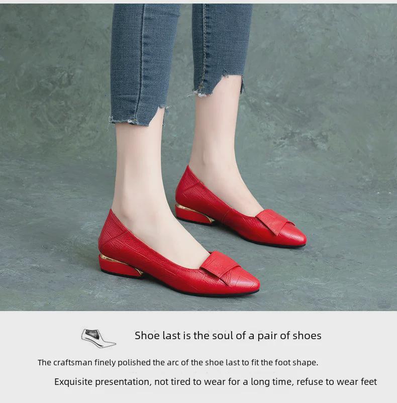 Women's Soft Leather Pointed-Toe Flats with Thick Heel, Versatile for Spring & Autumn