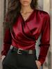 Women's Dark Gray Satin Long Sleeve V Neck Top with Side Pleat and Three Buttons