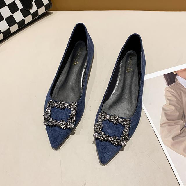 

Женские туфли-лодочки на плоской подошве с острым носком, туфли без шнуровки на плоской подошве с пуговицами и кристаллами, удобная женская обувь из искусственной замши, Zapatos Mujer 37 синий