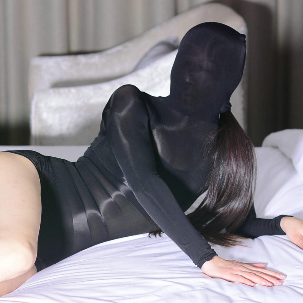 Qinghe Glossy Stockings Panties Swimsuit with Hood Briefs Ultra-thin Sex Underwear Sexy Onesie Women's Bag Head