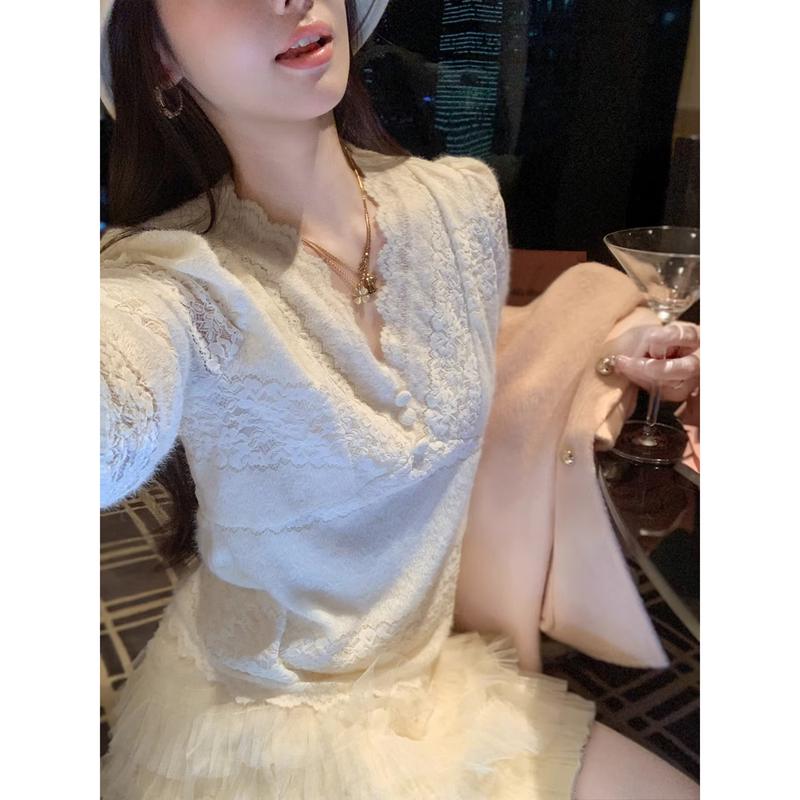 

Женский базовый топ с V-образным вырезом, кружевной, с длинным рукавом M