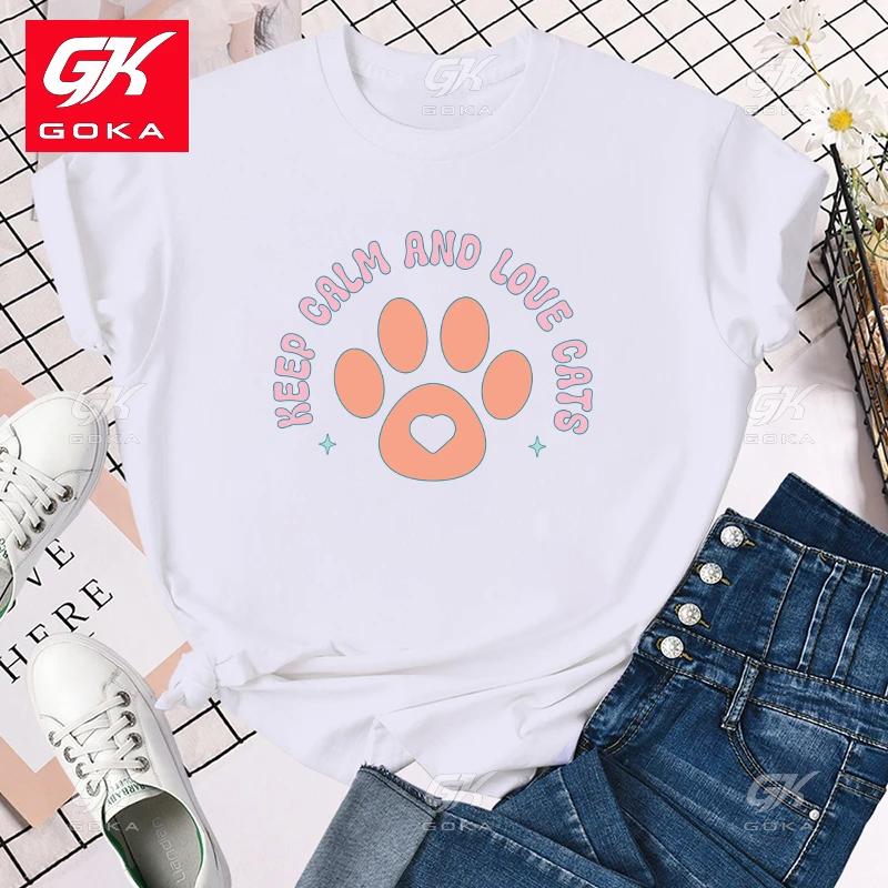 

Premium Cottn T Shirt Keep Calm and Love Cats Printed T Shirts Women Short Sleeve Funny Round Neck Top Shirt Casual Summer Tees S