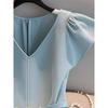 French High-end Small Fragrance Style Chic and Fashionable Blue V-neck Shirt Light Mature Style Famous Lady Waist Shirt Women