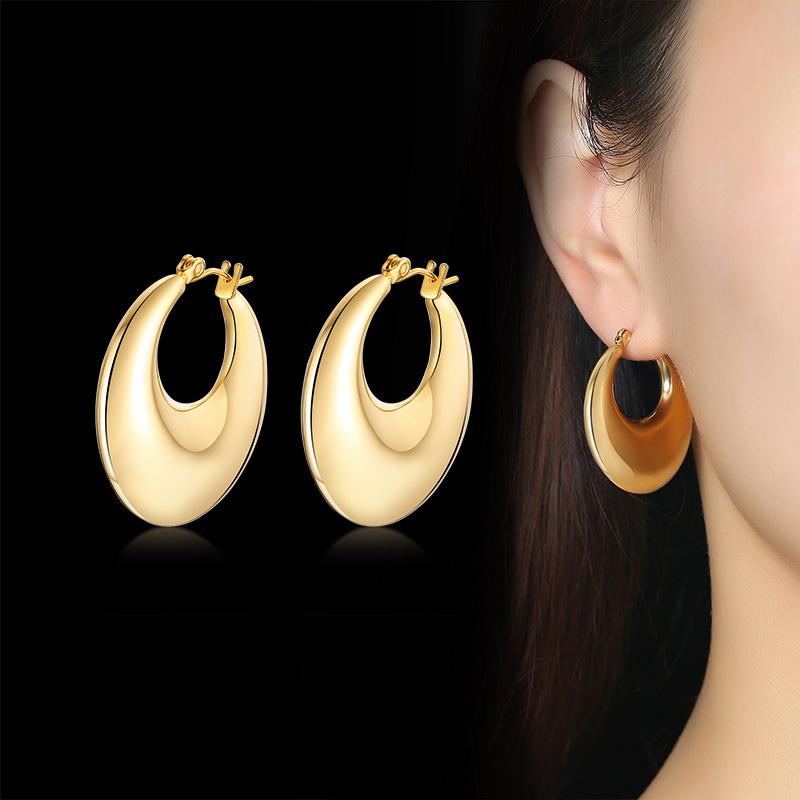 Vnox Women Chic Geometric Hoop Earrings,Gold Color Stainless Steel Big Round Ear Clip Jewelry,Anti Allergy Metal Party Accessory