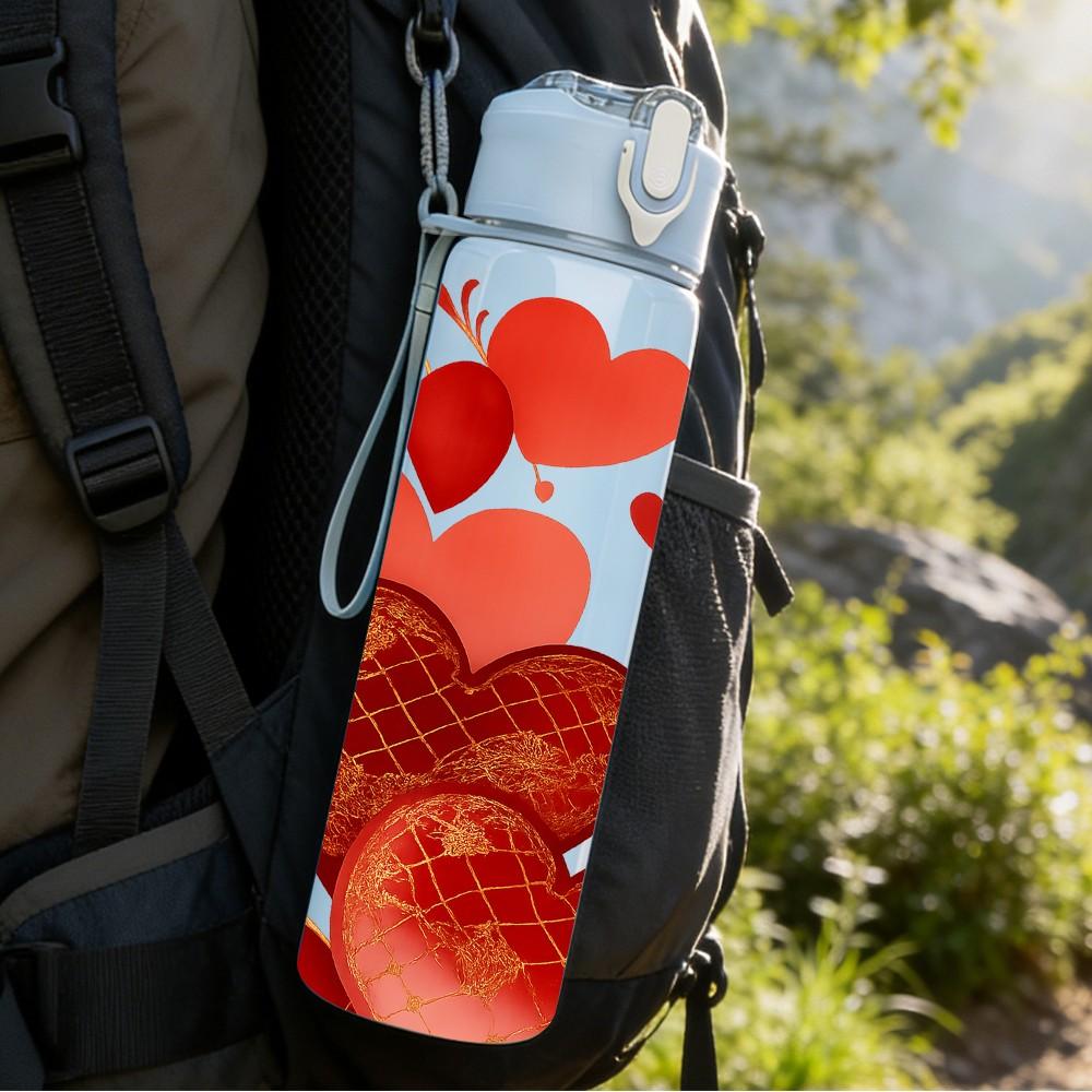 1PC Red Heart Rose Romantic Art Print 750ml Color Plastic Sports Water Bottle Leakproof Flip Straw Lid Suitable for Sports Office Home Use