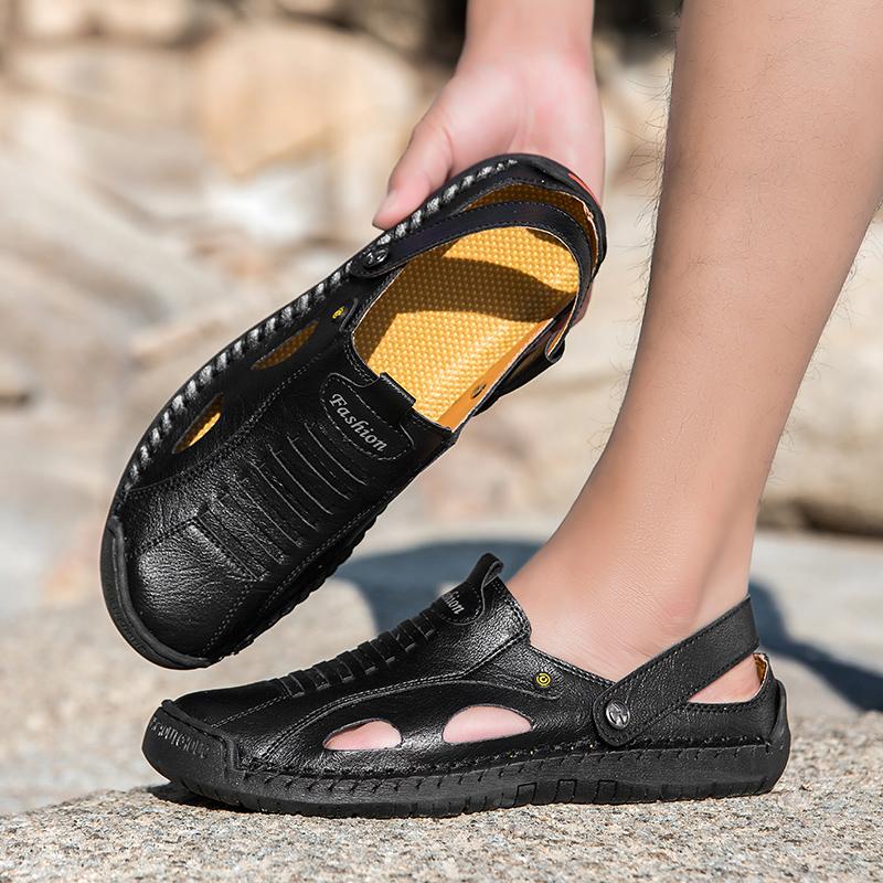 

Мужские походные сандалии Черно-белая кожа Летние для улицы Коричневые Широкая стопа Ручная работа Пляжная обувь для отца Большой размер EU:45 чёрный