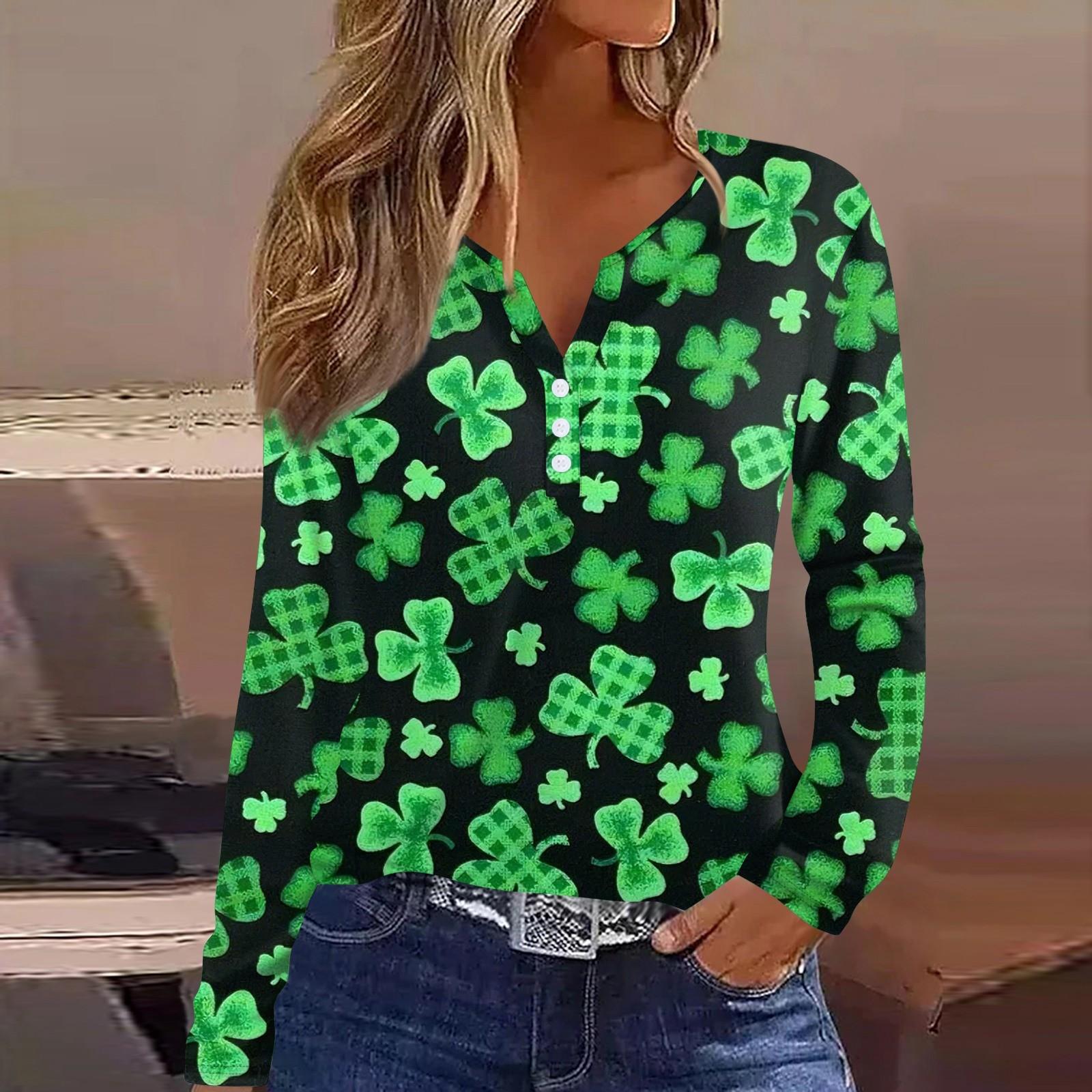 

Женская модная повседневная футболка с v-образным вырезом и длинным рукавом с принтом, топ на пуговицах L армия зеленый