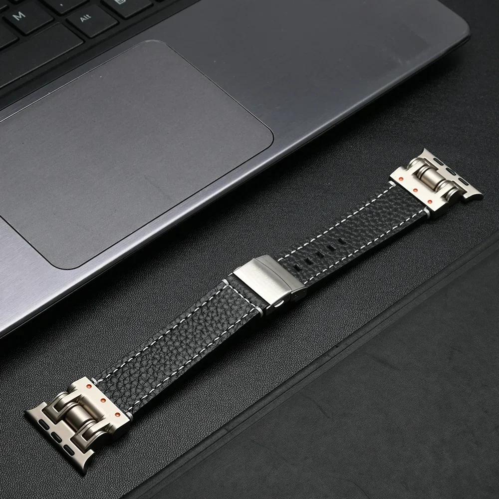 Leather Band for Apple Watch Ultra 3/2 49mm 46mm 45 44mm Luxury Bracelet Titanium Color Strap for iWatch Series 11 10 9 SE Loop
