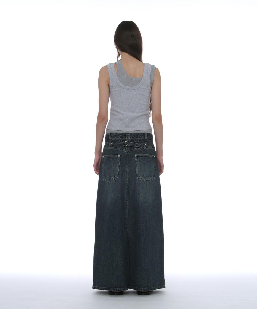 Partimento Woman Drawstring Denim Maxi Skirt_Dark Blue