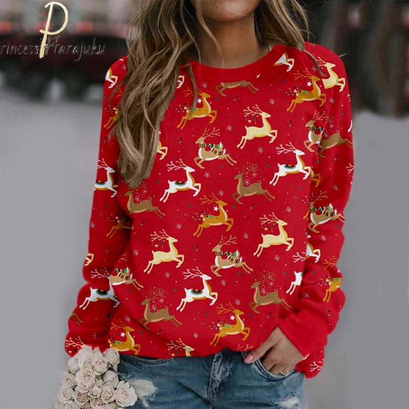Weihnachtsdruck, langärmelig, lässig, Sweatshirt, Bluse, Pullover, Weihnachten, Strickpullover, Pullover, Top, Pullover, Damen-Sweatshirt