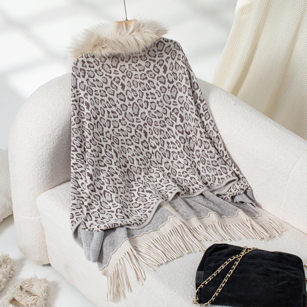 Women's Autumn and Winter Large Size Leopard Print Fur Collar Knitted Cardigan Loose Bat Sleeve Cape Sweater Top Women 6 Colors