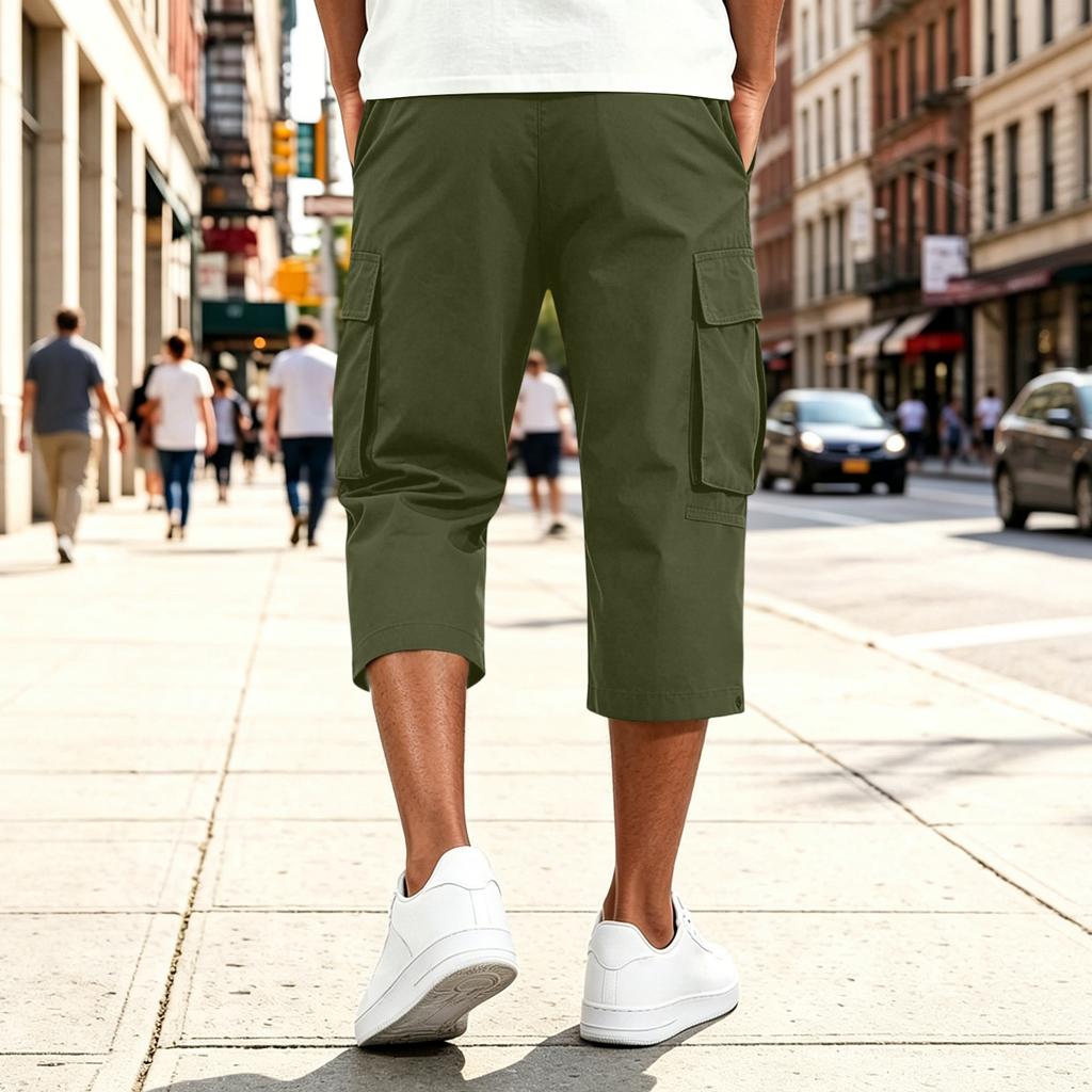 Men’s Drawstring Waist Multi Pocket Cargo Capri Pants Relaxed Fit Seven Quarter Length Casual Trousers for Everyday Wear