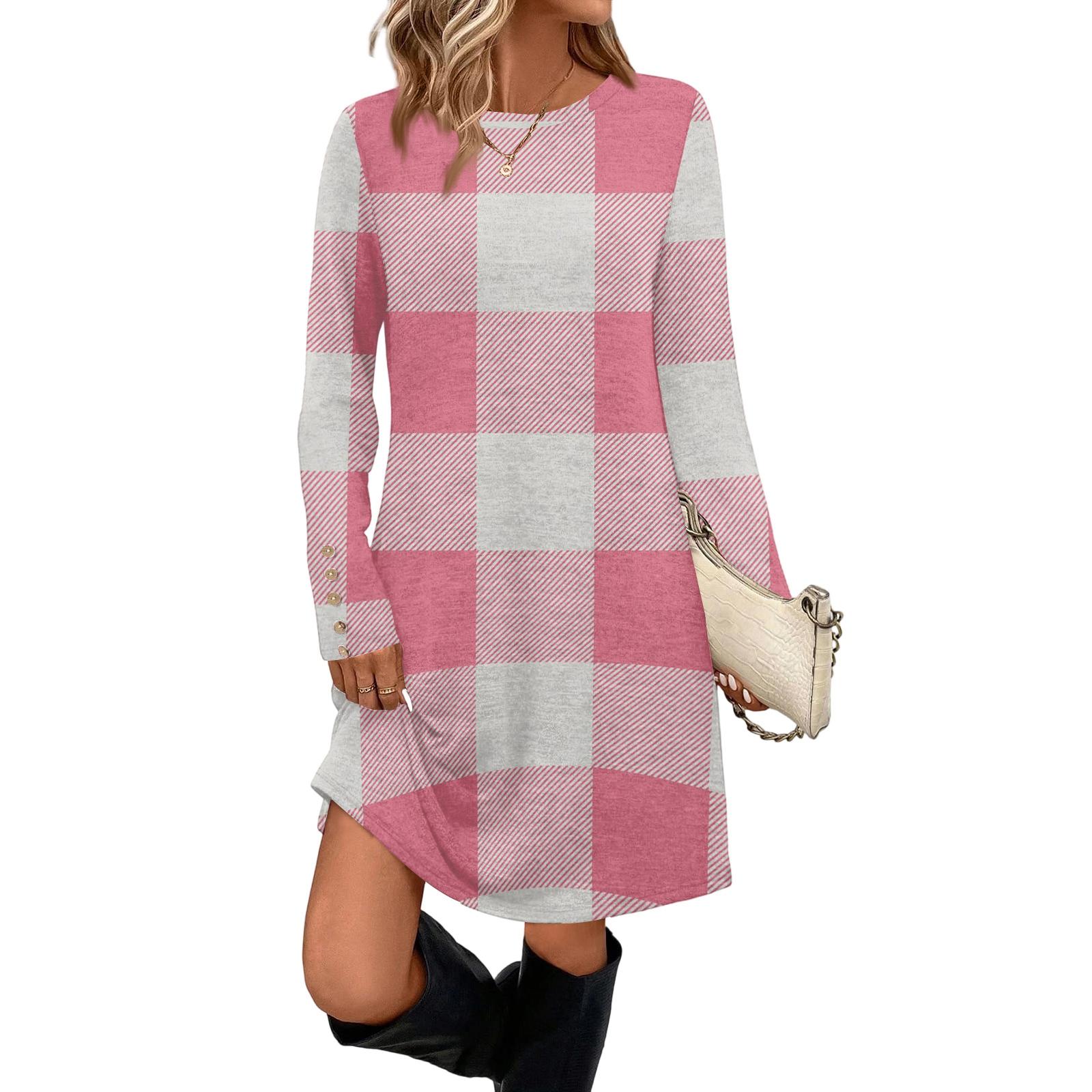 

Women s Fashion Casual Dress With Pocket Decorative Buttons, Round Neck And Long Sleeves M рожевий