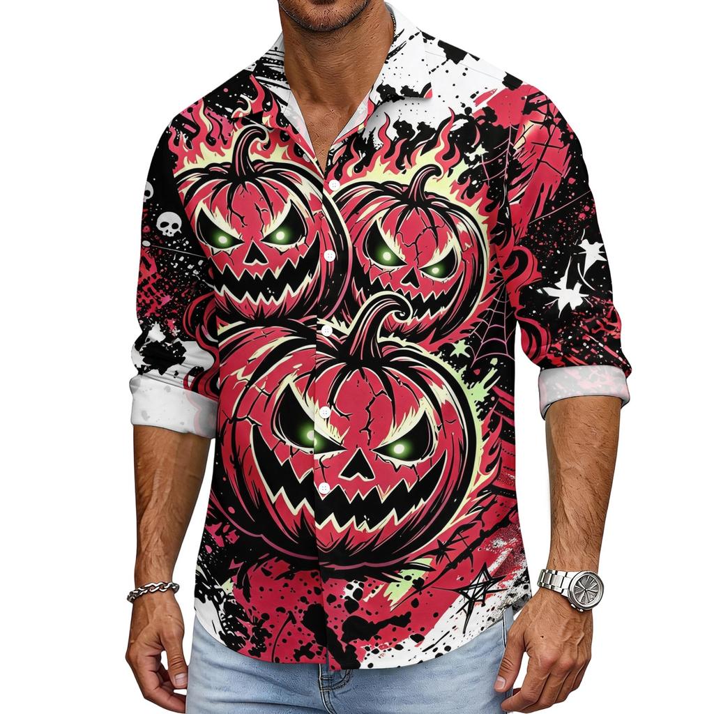 Men's Halloween Long Sleeve Button Down Shirt with Collar Casual for Holiday Parties