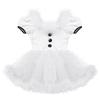 Girls Christmas Dance Dress Feather Trim Short Puff Sleeves Decorative Buttons Sequined Mesh Leotard Skating Costume