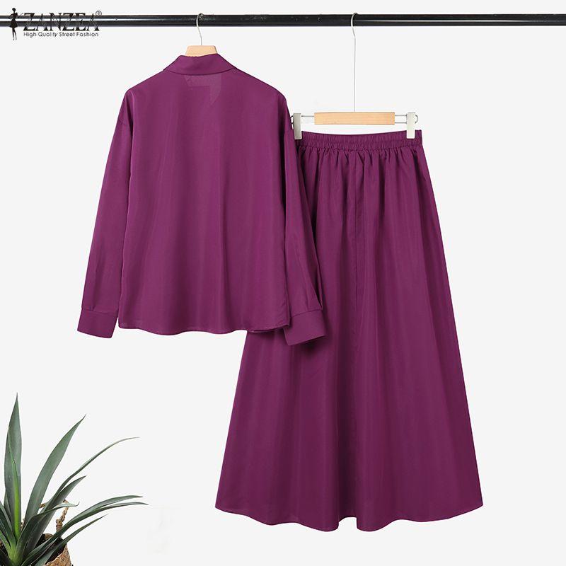 ZANZEA Damen Langarmbluse und Lange Röcke Lässige Zweiteiler Anzugsets