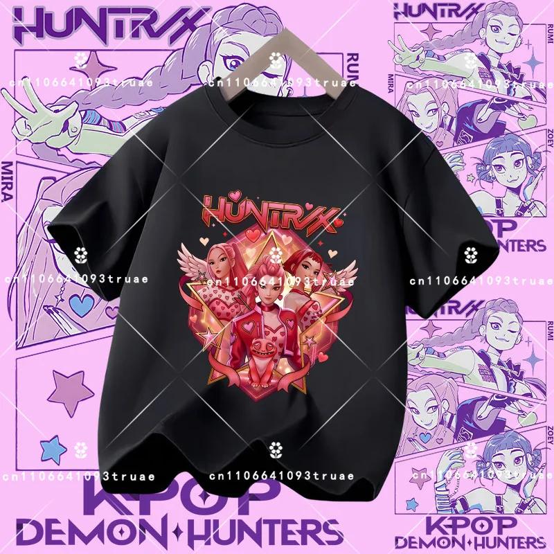 Polyester short-sleeved K-pop Demon Hunter girl cute sports shirt for children aged 1-12. Summer T-shirt. Casual top. Cartoon print