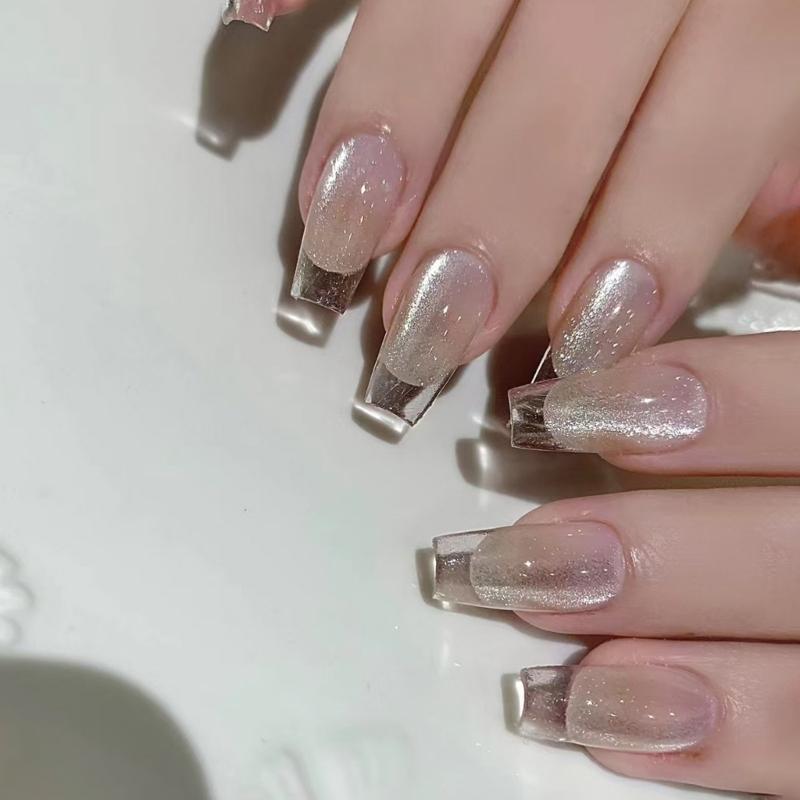 

Coffin Press on Nail Cats Eye Fake Nail with Glass Designs Full Cover Glues on Nail Glossy Acrylic Nail Artificial Nail 1