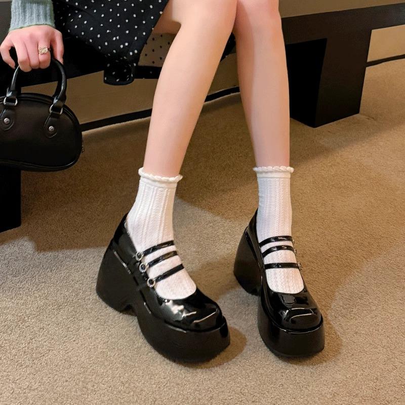 

Fashion Mary Jane Shoes New Thick Soles with A Line with Shallow Mouth Increase Single Shoes Fashion All Matching Small Leather Shoes 39 чёрный