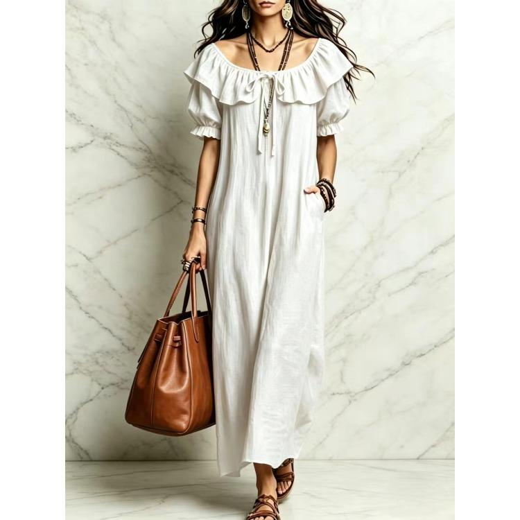 Women Off Shoulder Ruffle Tie Waist Bubble Sleeve Midi Dress