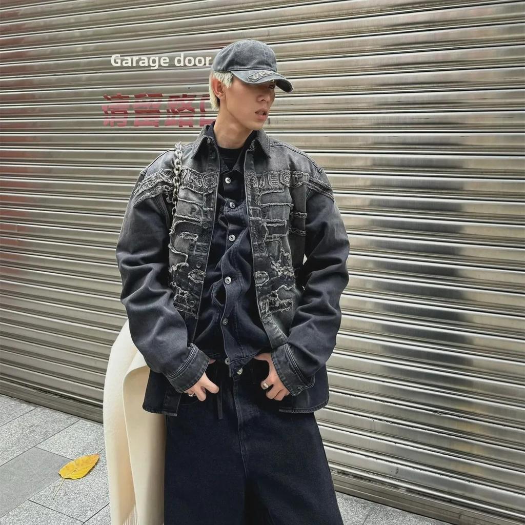 2025 New Style Distressed Embroidery Denim Jacket - Washed Long-Sleeve for Spring/Autumn