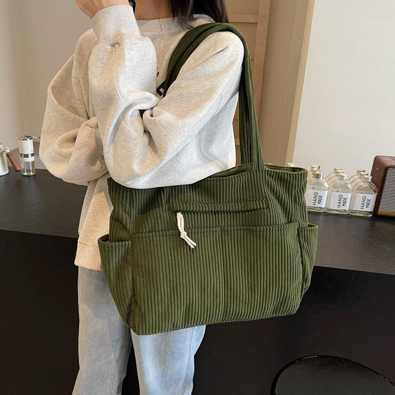 Casual Corduroy Handbag Zipper Closure Light and Large Capacity Shoulder Bags Solid Color Women's Daily Commuter Tote